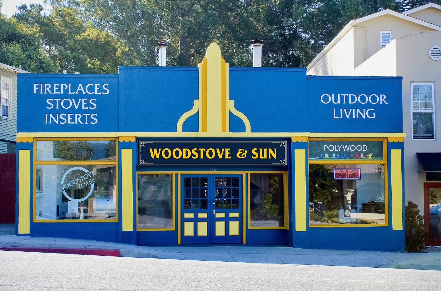 Blue and yellow store front, 