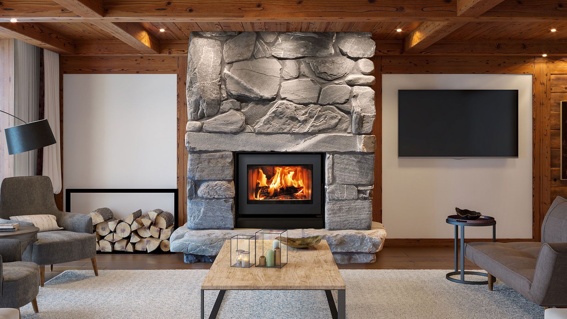 Cozy living room with stone fireplace, burning fire, wooden beams, and modern furniture.