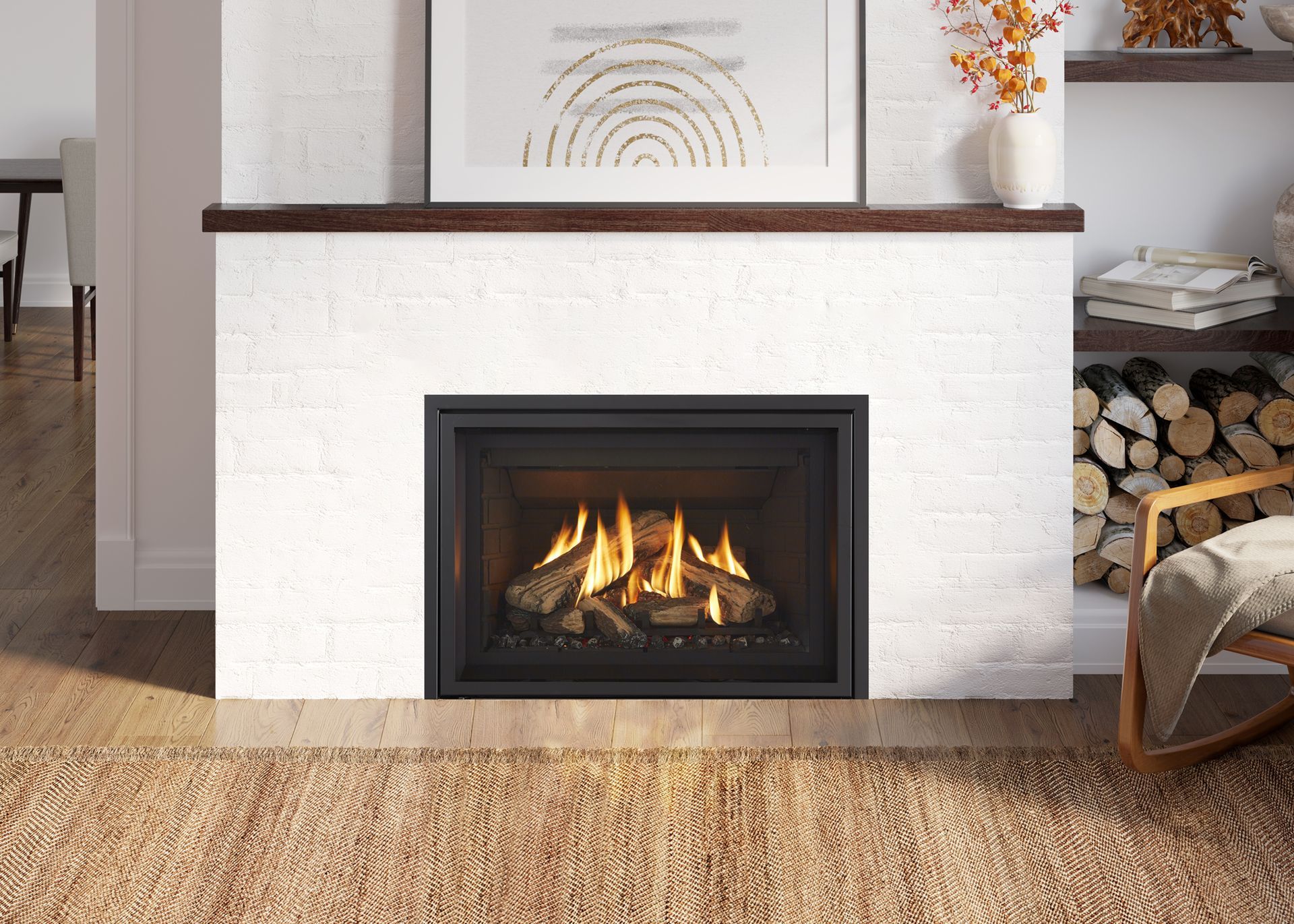 A fireplace with burning logs in a white brick surround, topped with a wood mantel, sitting on a woven rug.