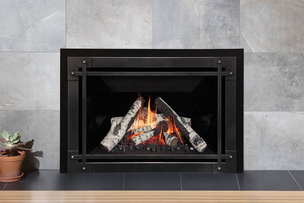 Black fireplace with burning logs set against a gray stone wall and a wooden floor, with a potted succulent plant on the left.