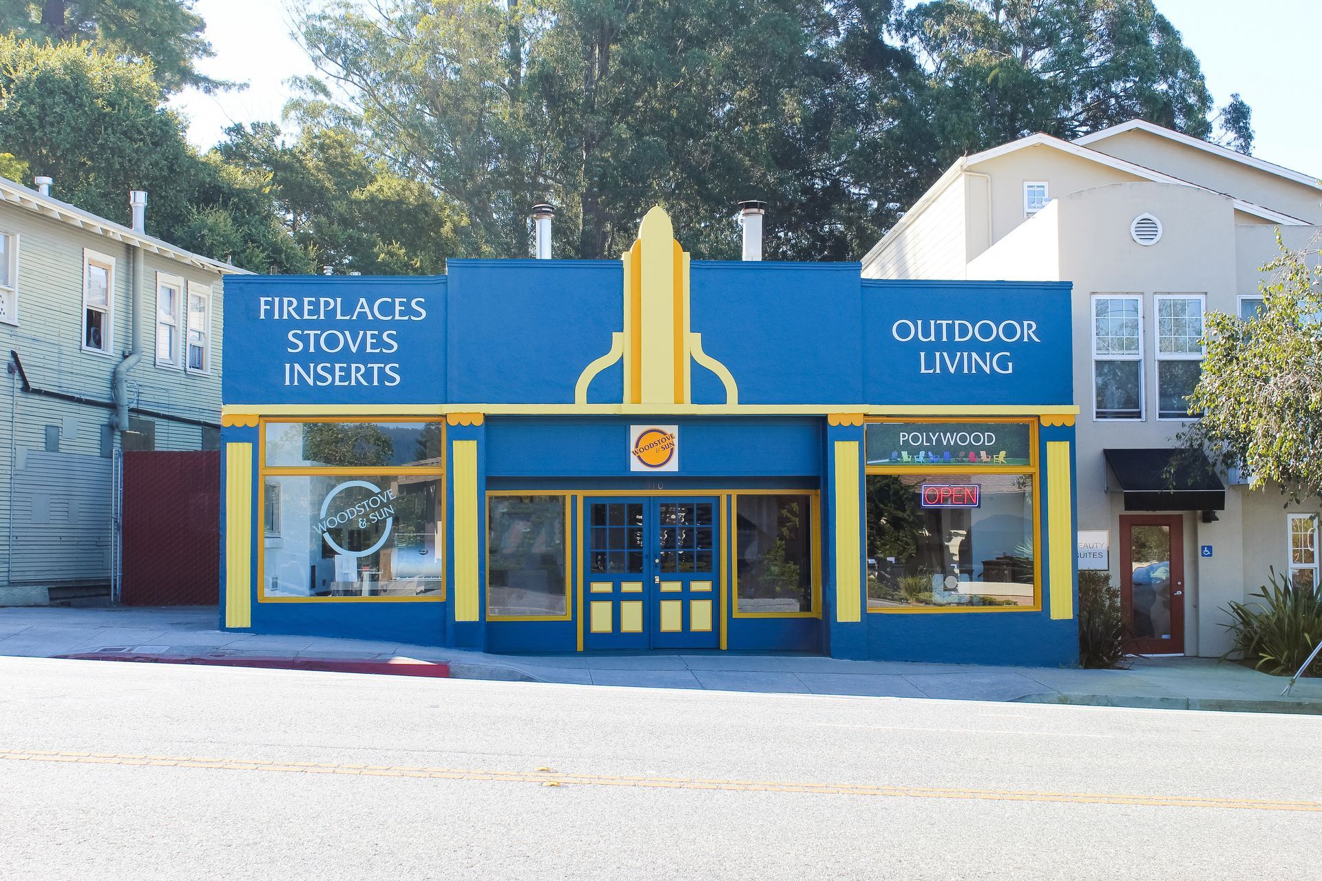 Blue and yellow store front, 