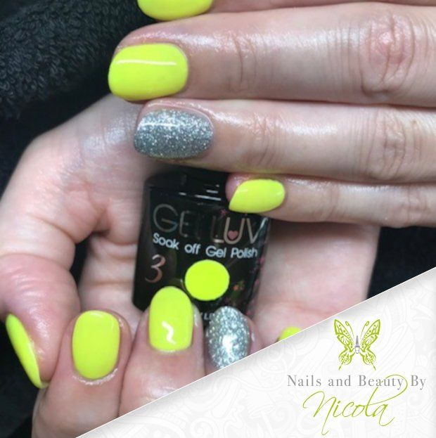 Yellow Nails with an Artistic Glitter Nail