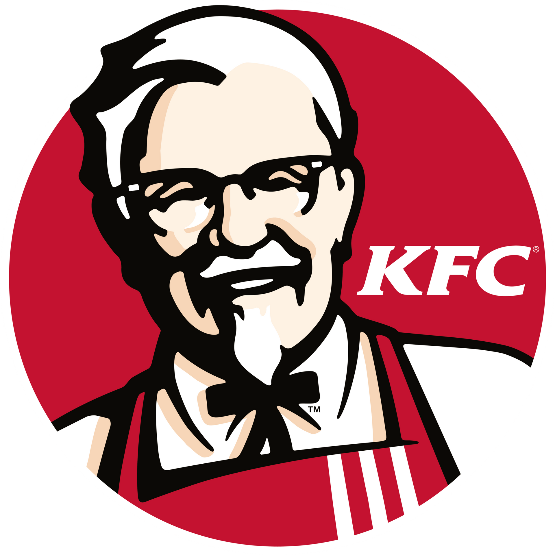 A kfc logo with a smiling man in a red circle