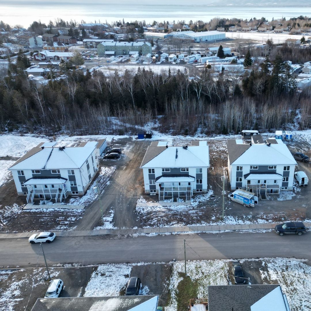 Une vue aérienne d'un quartier résidentiel recouvert de neige
