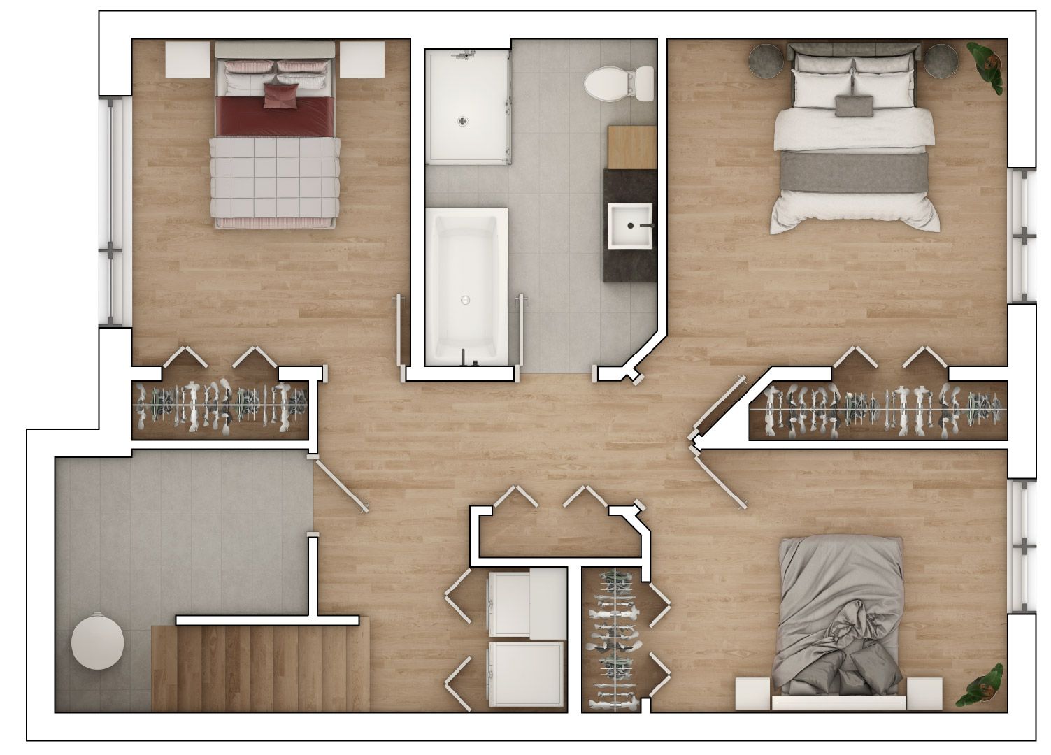 un plan d' étage d' une maison avec trois chambres et une salle de bain