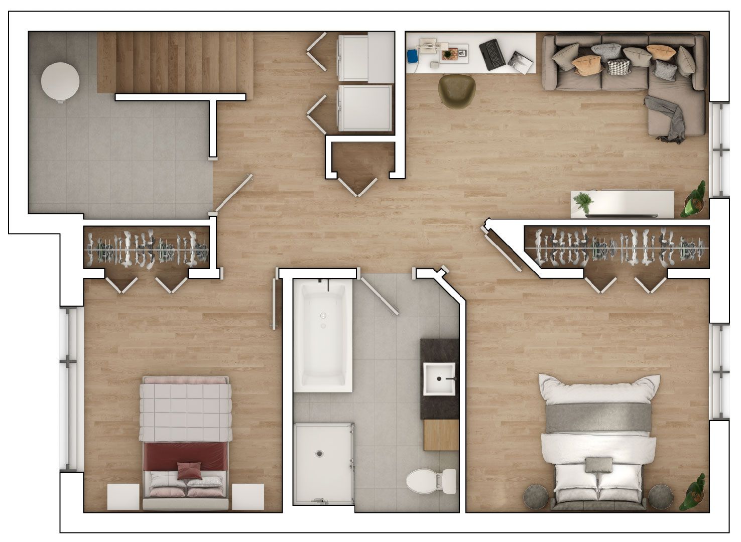 un plan d' étage d' une maison avec deux chambres et une salle de bain