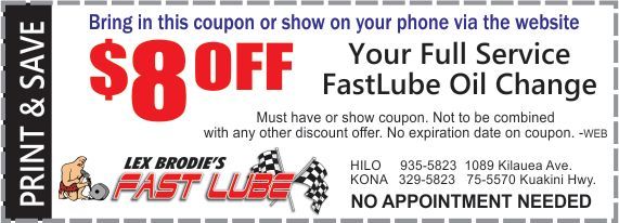 A coupon for $ 8 off your full service fast lube oil change