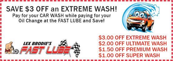 A coupon for lex brodie 's fast lube that says save $ 3 off an extreme wash.