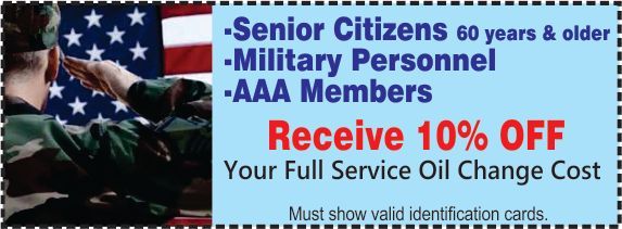 A coupon that says senior citizens 60 years and older receive 10 % off your full service oil change cost