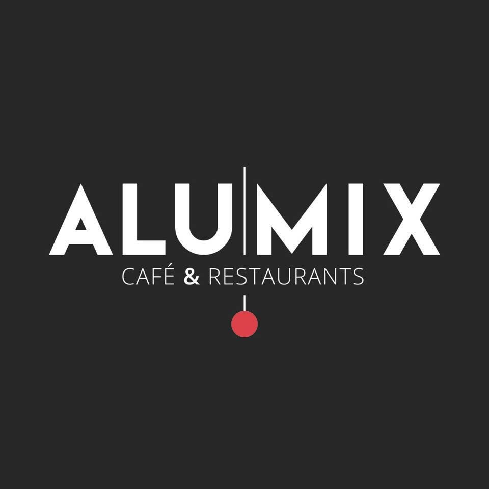 A logo for a cafe and restaurant called alumix
