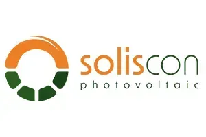 A logo for soliscon photovoltaic with an orange and green circle