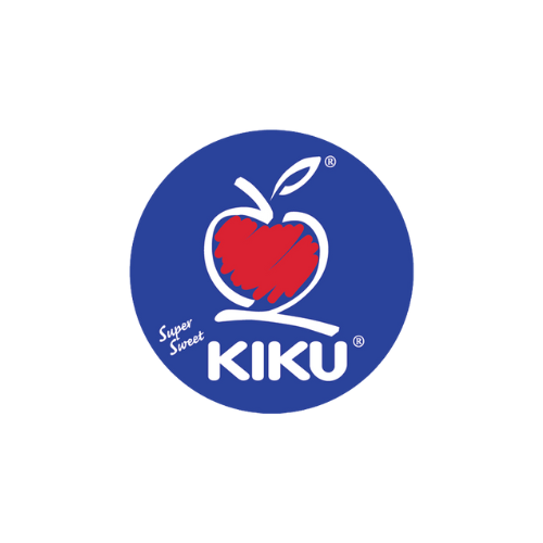 A blue circle with a red apple and the word kiku on it