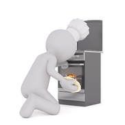 A 3d man in a chef 's hat is cleaning an oven.