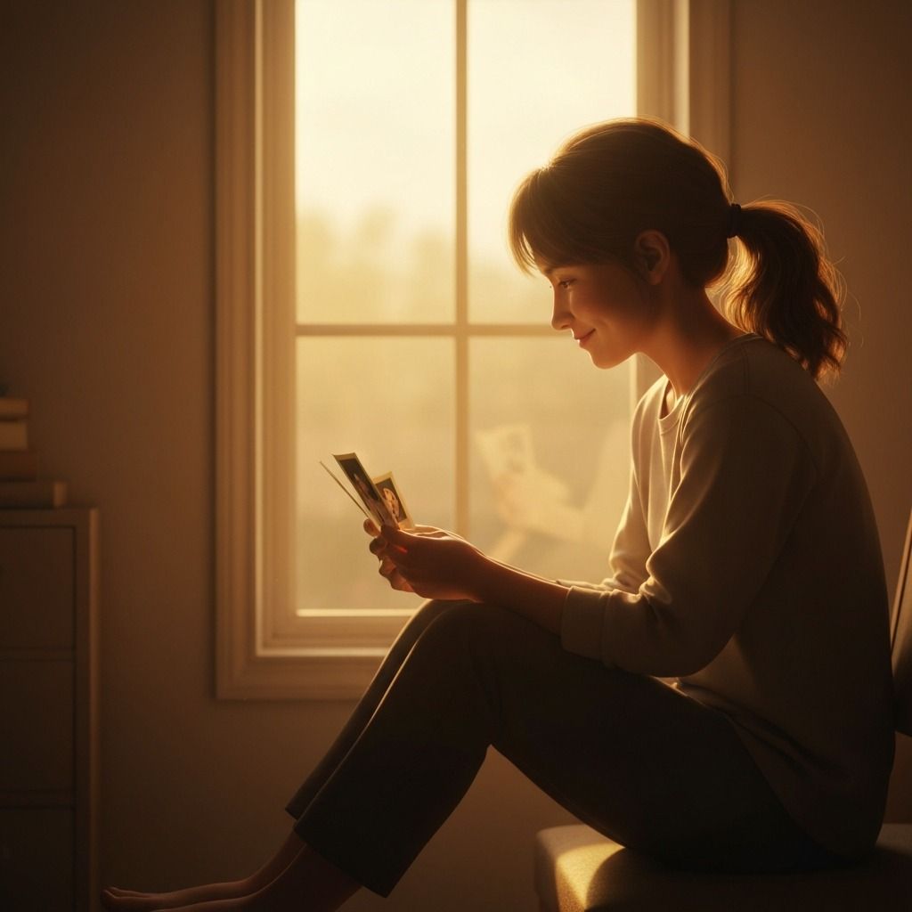 Persona sonriendo a unas fotografías