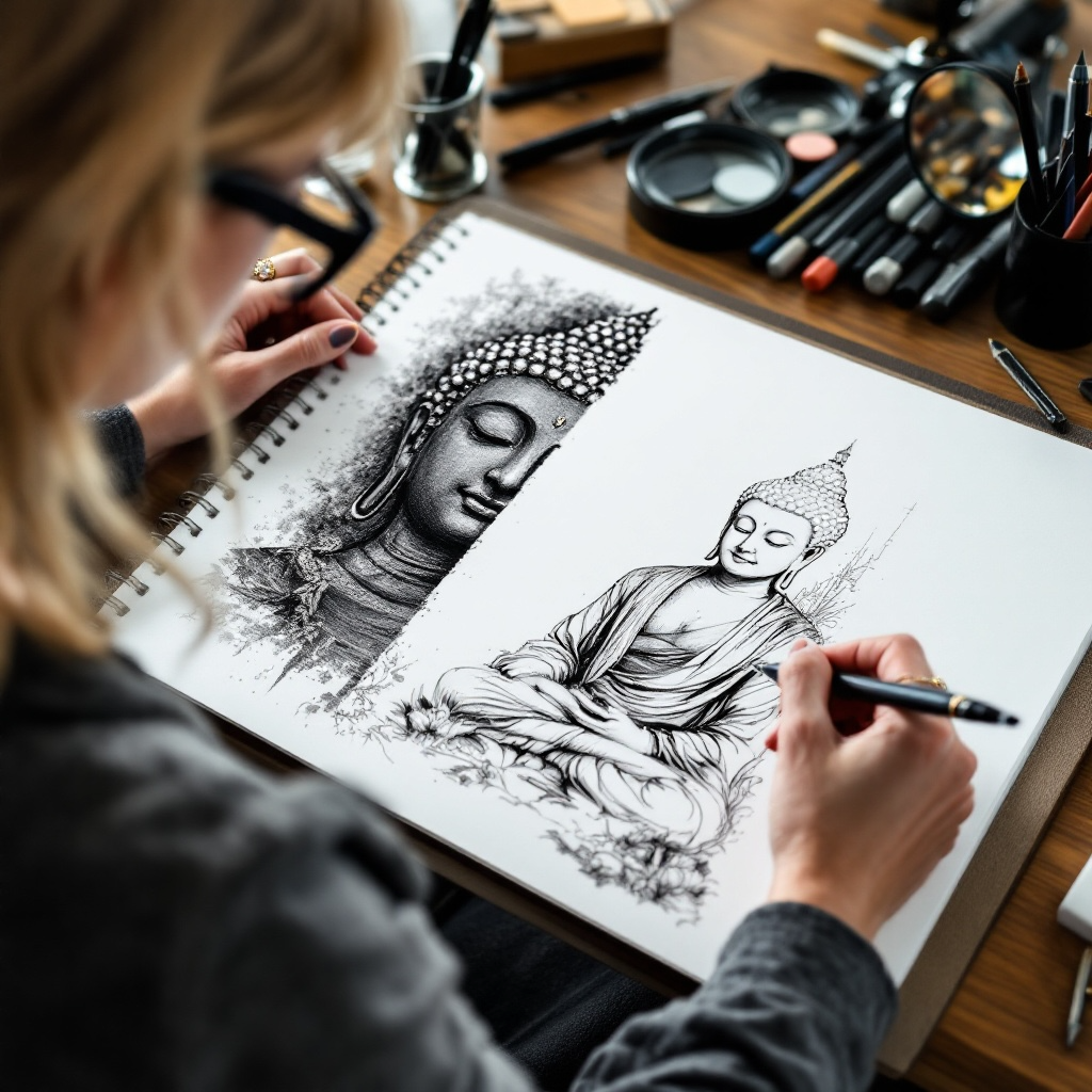 Su from Eldara hand-drawing a Buddha illustration in the Barnt Green studio, creating sacred art with focus, presence and spiritual intention.