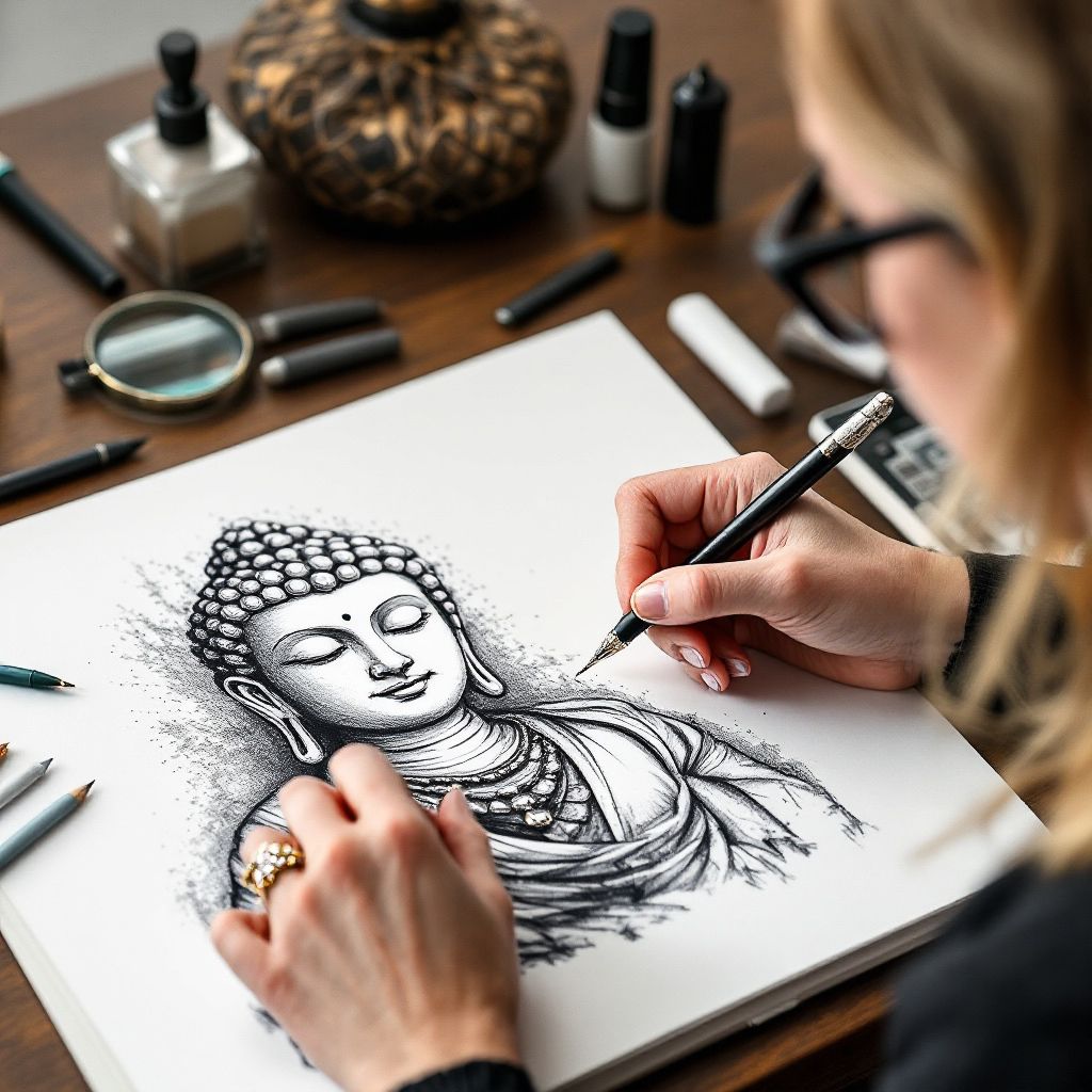 Su from Eldara hand-drawing a Buddha illustration in the studio, creating sacred art with mindfulness, spiritual focus and heartfelt intention.