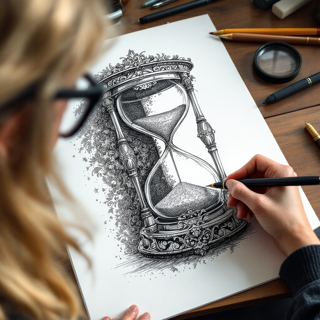 Su from Eldara hand-drawing an hourglass illustration in the studio—artwork created with spiritual intention to reflect time, presence and mindful living.