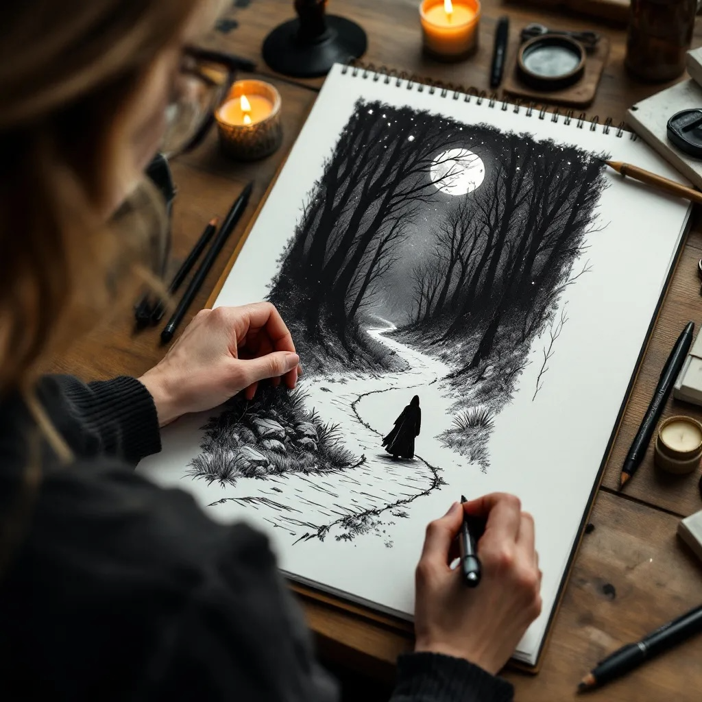 Su from Eldara creating a spiritual woodland path illustration by hand, showing a lone figure walking toward the full moon—symbolising journey, guidance and inner truth.