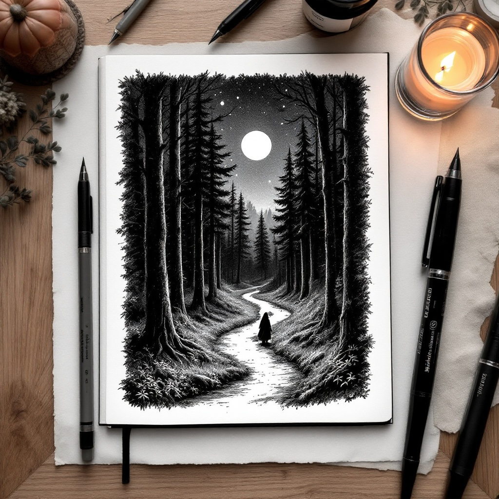 Spiritual artwork by Eldara depicting a woodland path under a full moon, with a lone figure walking toward the light—symbolising guidance, journey and inner truth.