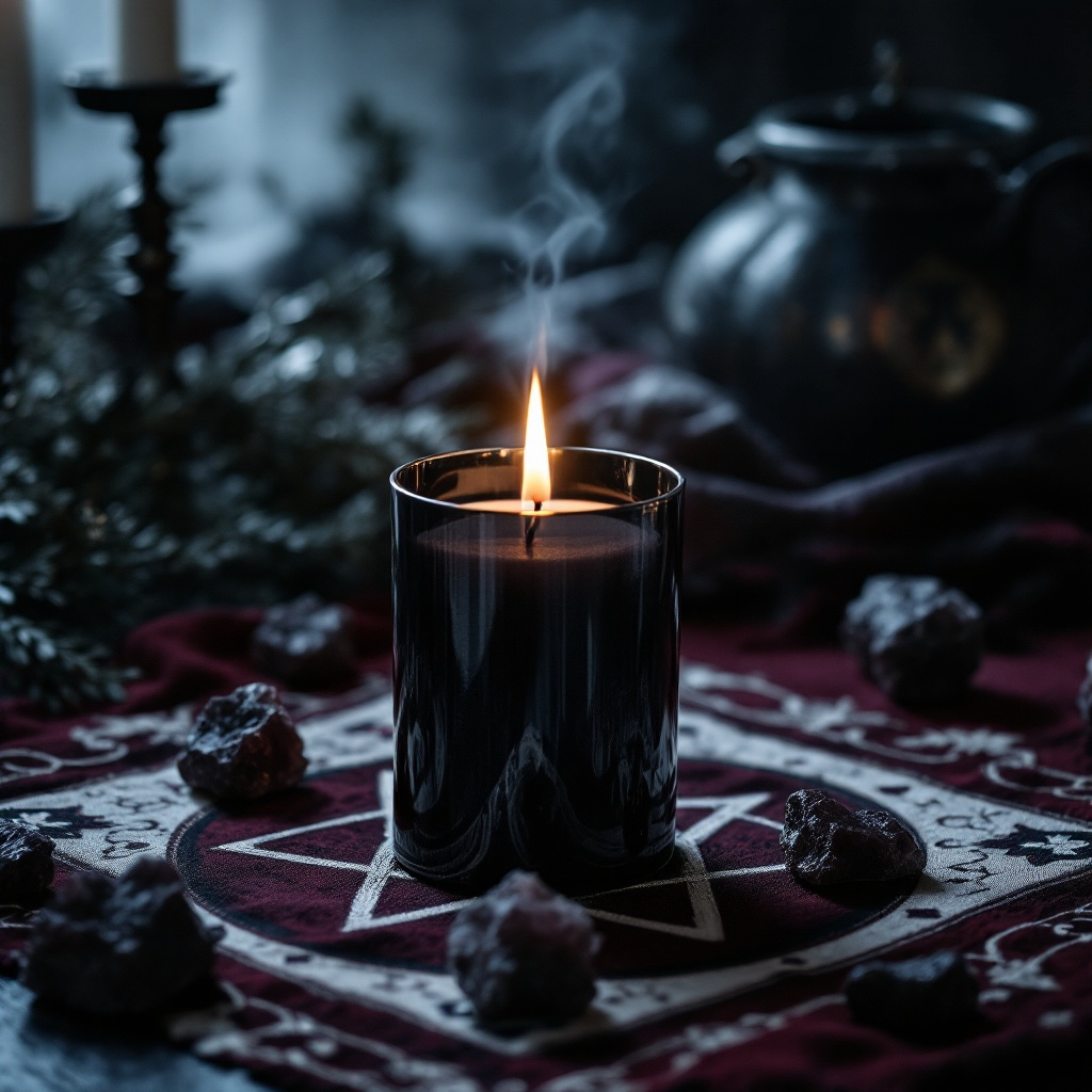 Ethereal Shield candle by Eldara placed on a pentacle cloth, infused with black tourmaline for protection and grounding. A ritual candle to enhance spiritual safety.