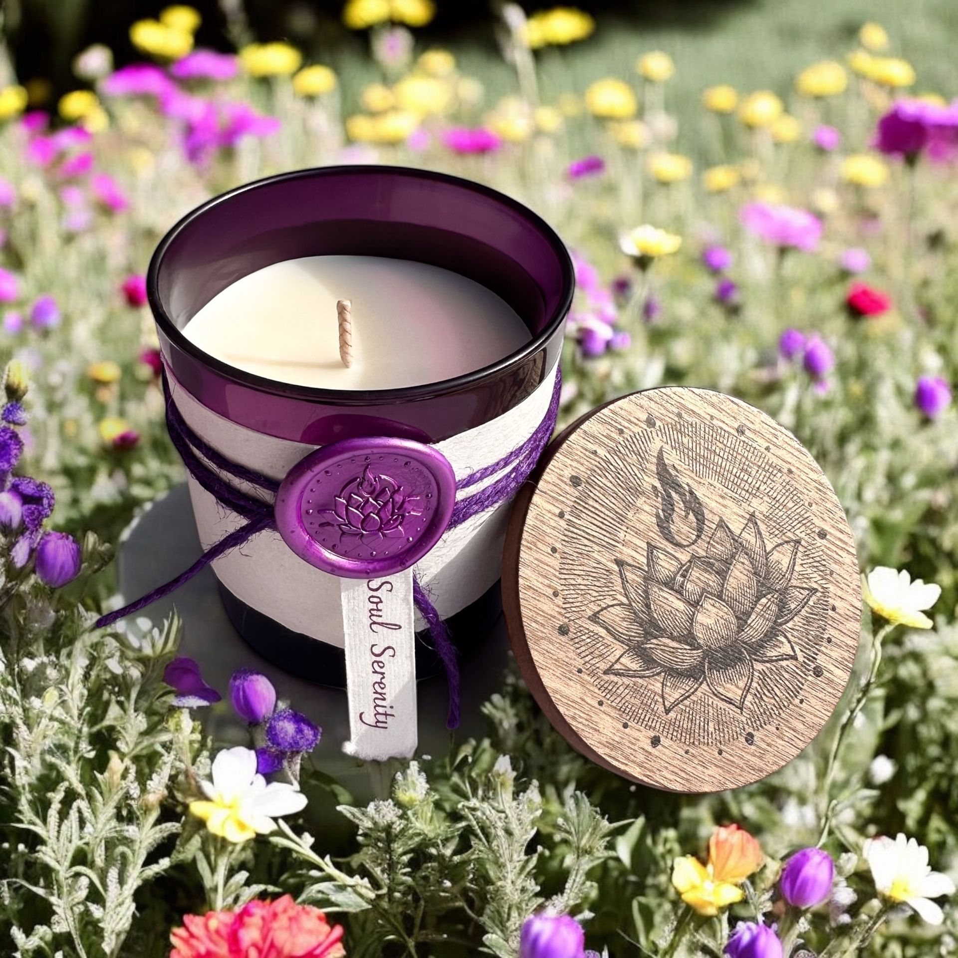 Soul Serenity candle by Eldara placed in a blooming flower field. Infused with amethyst and sacred oils to evoke peace, clarity and connection with nature.