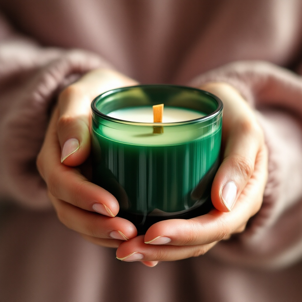 Unlit Boundless Abundance candle by Eldara, held gently in both hands. A ritual candle with green aventurine, crafted to invite growth, grounding and inner alignment.