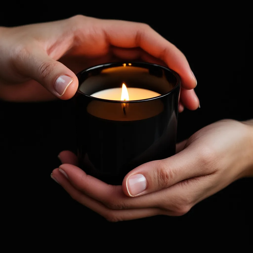 Hands gently holding the Radiant Clarity candle by Eldara, a citrine-infused ritual candle created to support focus, clarity and uplifting intention.
