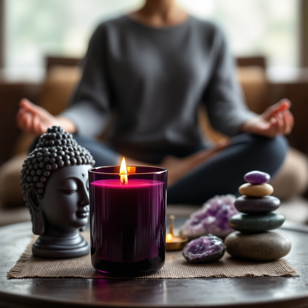 Soul Serenity candle by Eldara glowing beside a meditating woman, with stacked stones and amethyst crystals—supporting stillness, clarity and sacred balance.

