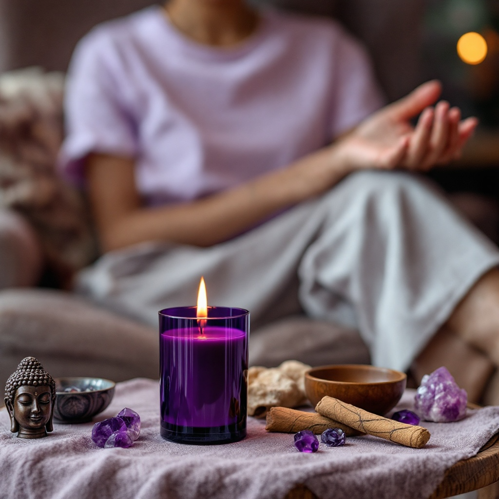 Lit Soul Serenity ritual candle by Eldara, glowing beside a meditating figure—infused with amethyst, sacred oils and calming energy for inner peace