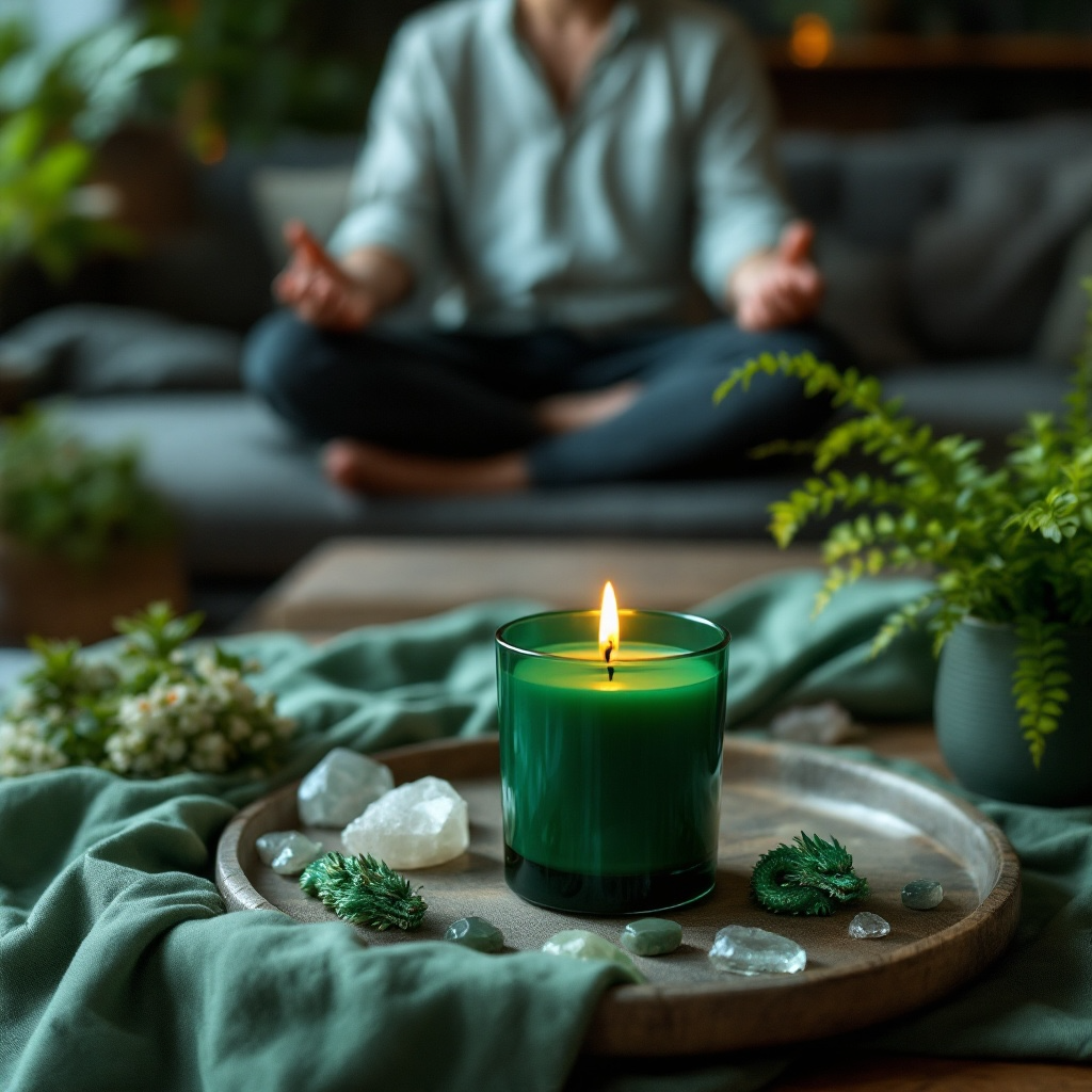 Boundless Abundance ritual candle by Eldara, lit beside a man in meditation. Infused with green aventurine to invite grounding, growth and spiritual flow.