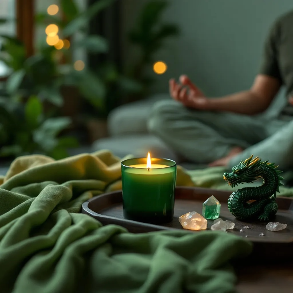 Boundless Abundance candle by Eldara, lit beside a meditating person. Tray includes green jade dragon and aventurine crystal to invite flow, grounding and prosperity.
