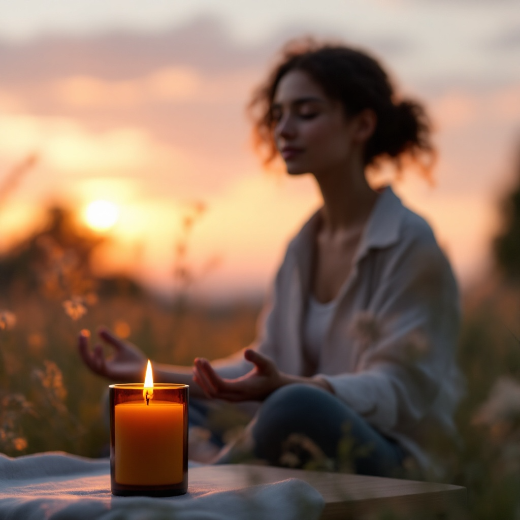 Radiant Clarity candle by Eldara glowing at sunrise beside a woman in meditation. Infused with citrine to support clarity, focus and fresh new beginnings.
