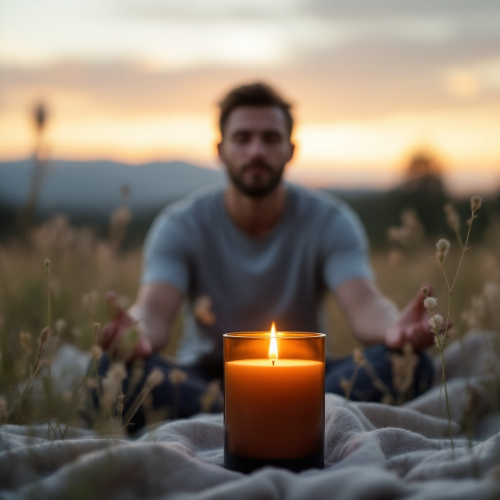 Radiant Clarity candle by Eldara glowing at sunset beside a man in meditation. Infused with citrine to support clarity, focus, and a sense of calm energy.