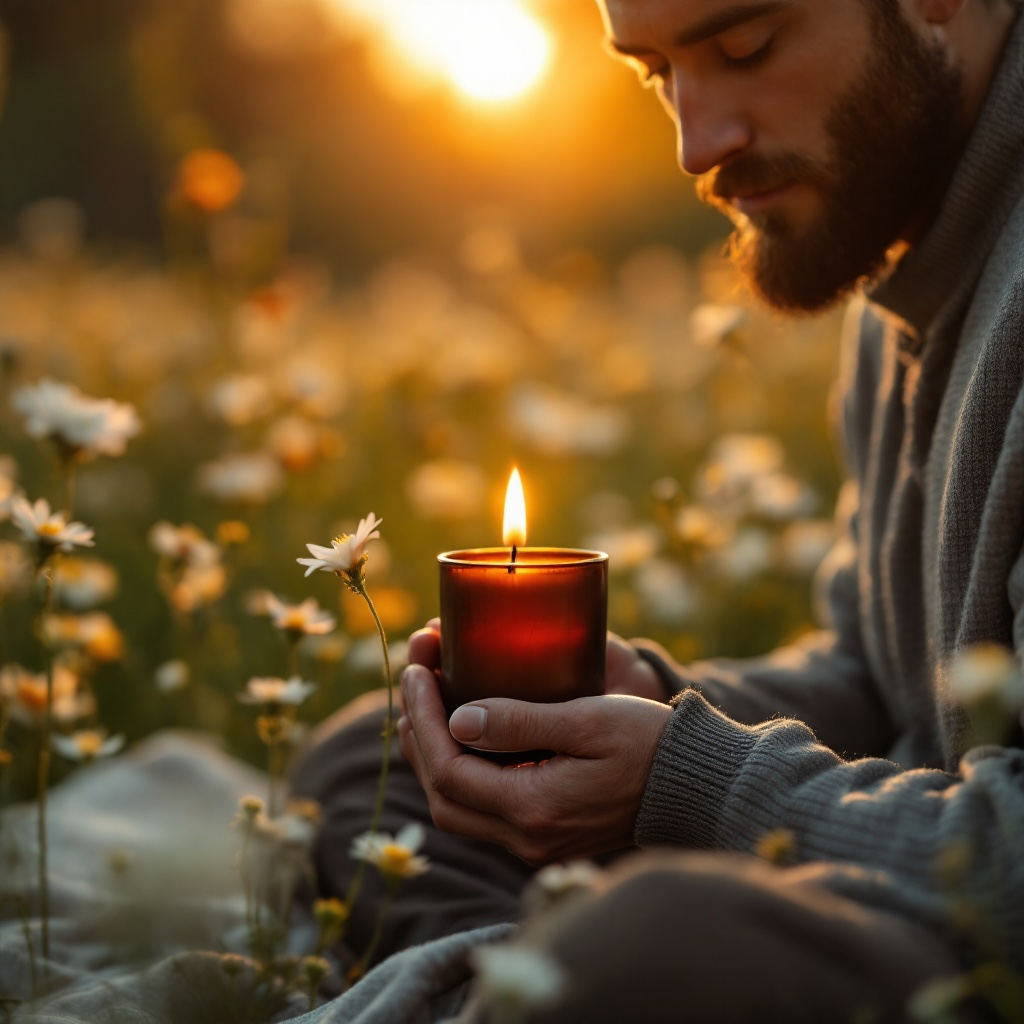Radiant Clarity candle by Eldara, lit and held by a man in a field of daisies. Infused with citrine to support clarity, vitality and connection to nature.