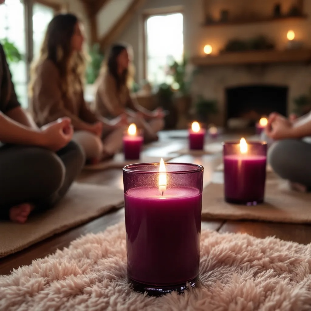 Soul Serenity candles by Eldara glowing during a group meditation. Infused with amethyst and sacred oils to support collective calm, clarity and inner peace.