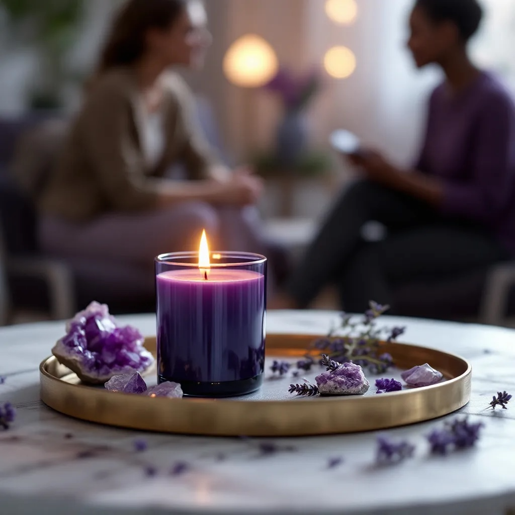Soul Serenity candle by Eldara with amethyst crystals on a tray, gently supporting a counselling session. Created for peace, emotional clarity and sacred space holding.