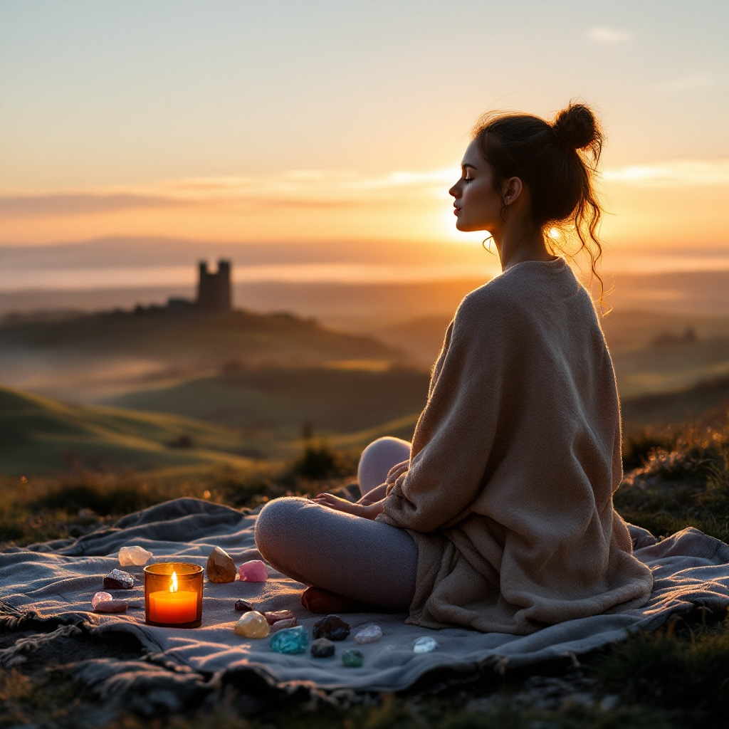 Radiant Clarity candle by Eldara glowing beside a woman meditating at sunset. Infused with citrine and sacred oils to support clarity, focus and positive energy.
