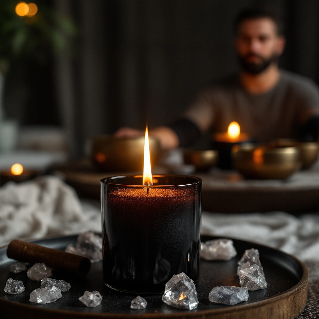 Radiant Clarity candle by Eldara glowing in a quiet, dimly lit space beside a man meditating. Infused with citrine to support focus, clarity and inner light.