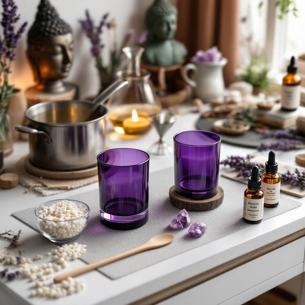 Candle making workshop setting at Eldara, with empty vessels, wicks and tools arranged on the table—ready for a day of ritual, creativity and sacred intention.
