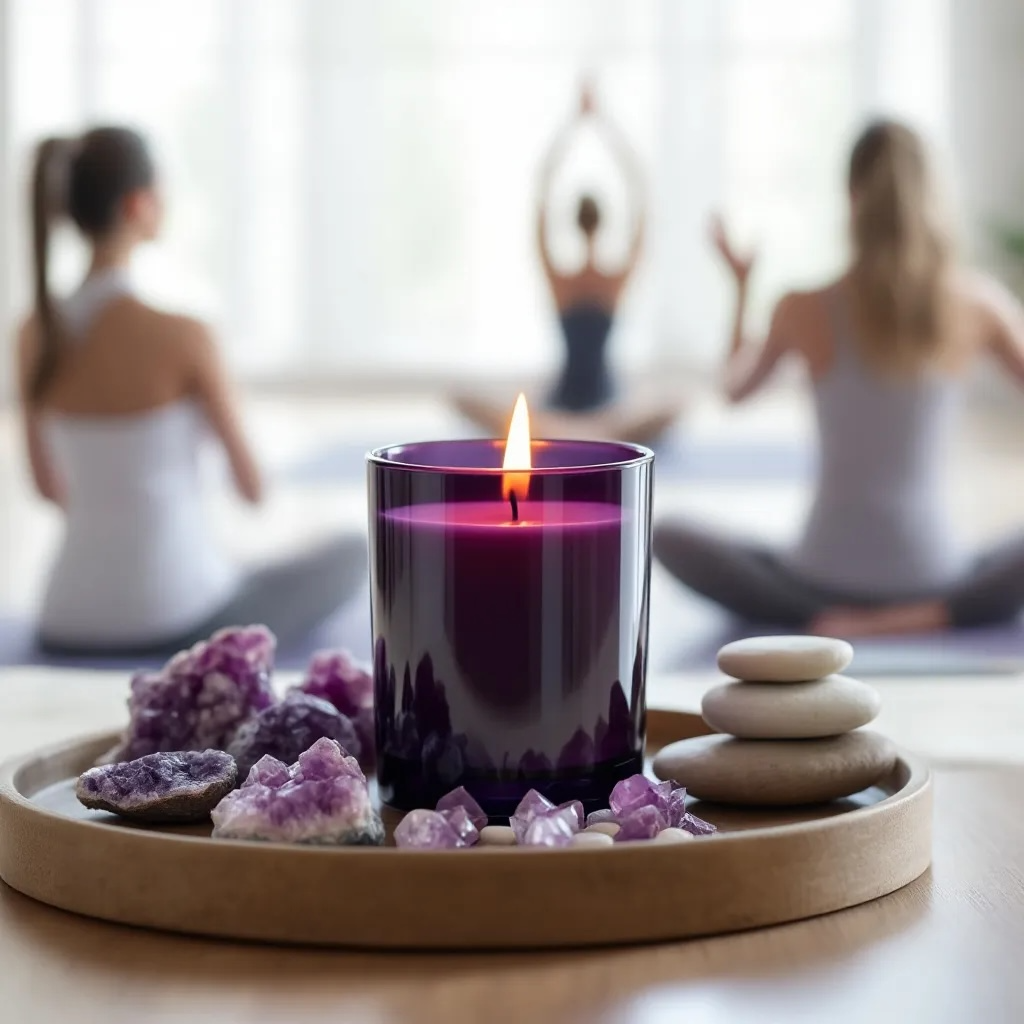 Soul Serenity candle by Eldara glowing in the foreground, with a woman practising yoga in the background. Created to support calm, clarity and mindful movement.