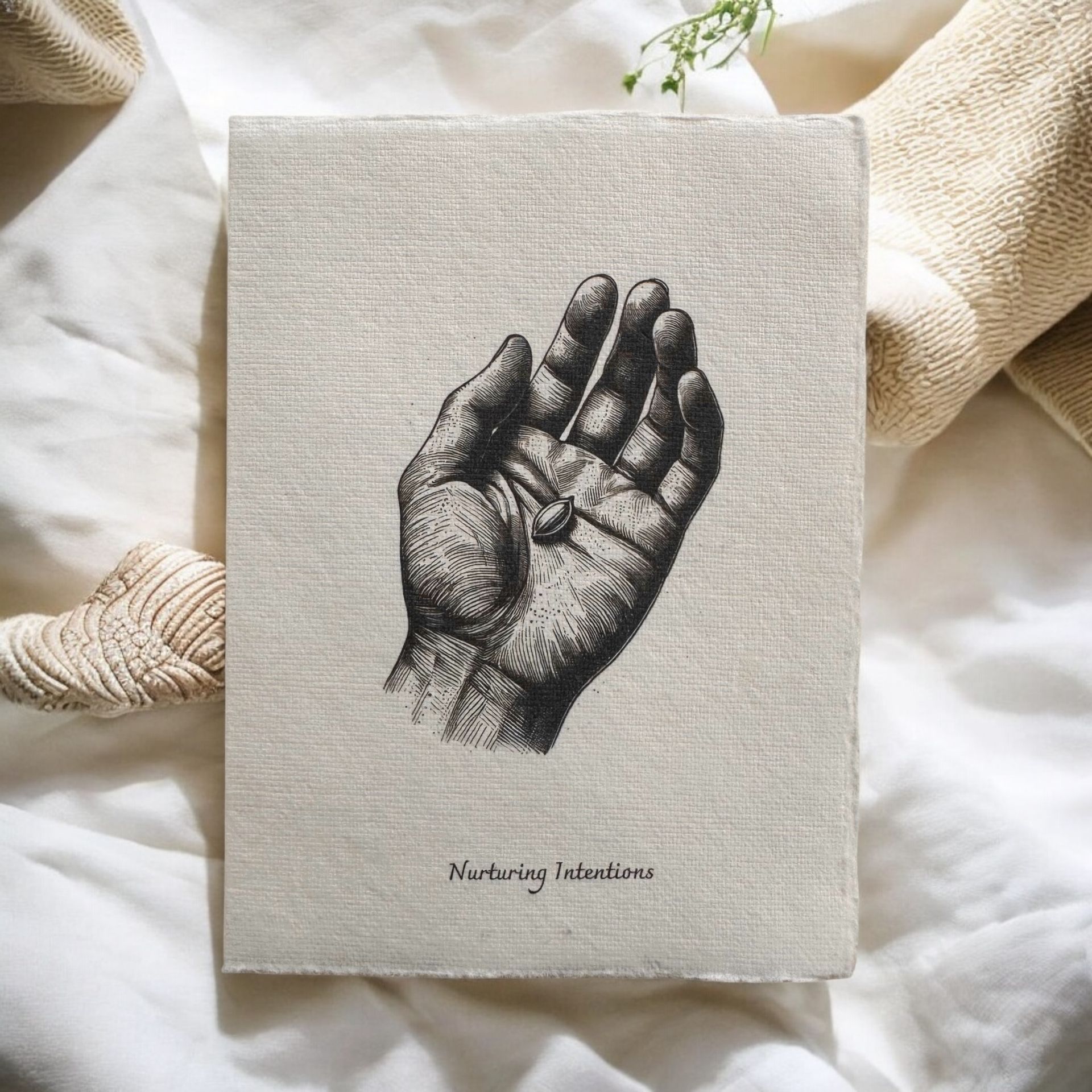 Spiritual greeting card by Eldara featuring an open hand holding a seed. Printed on handmade paper to symbolise new beginnings, growth and intention.