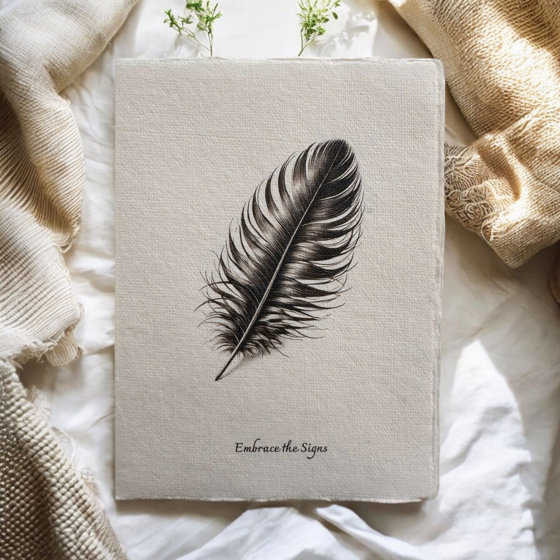 “Embrace the Signs” spiritual greeting card by Eldara, featuring a delicate feather and a Rumi-inspired message—printed on handmade cotton rag paper.
