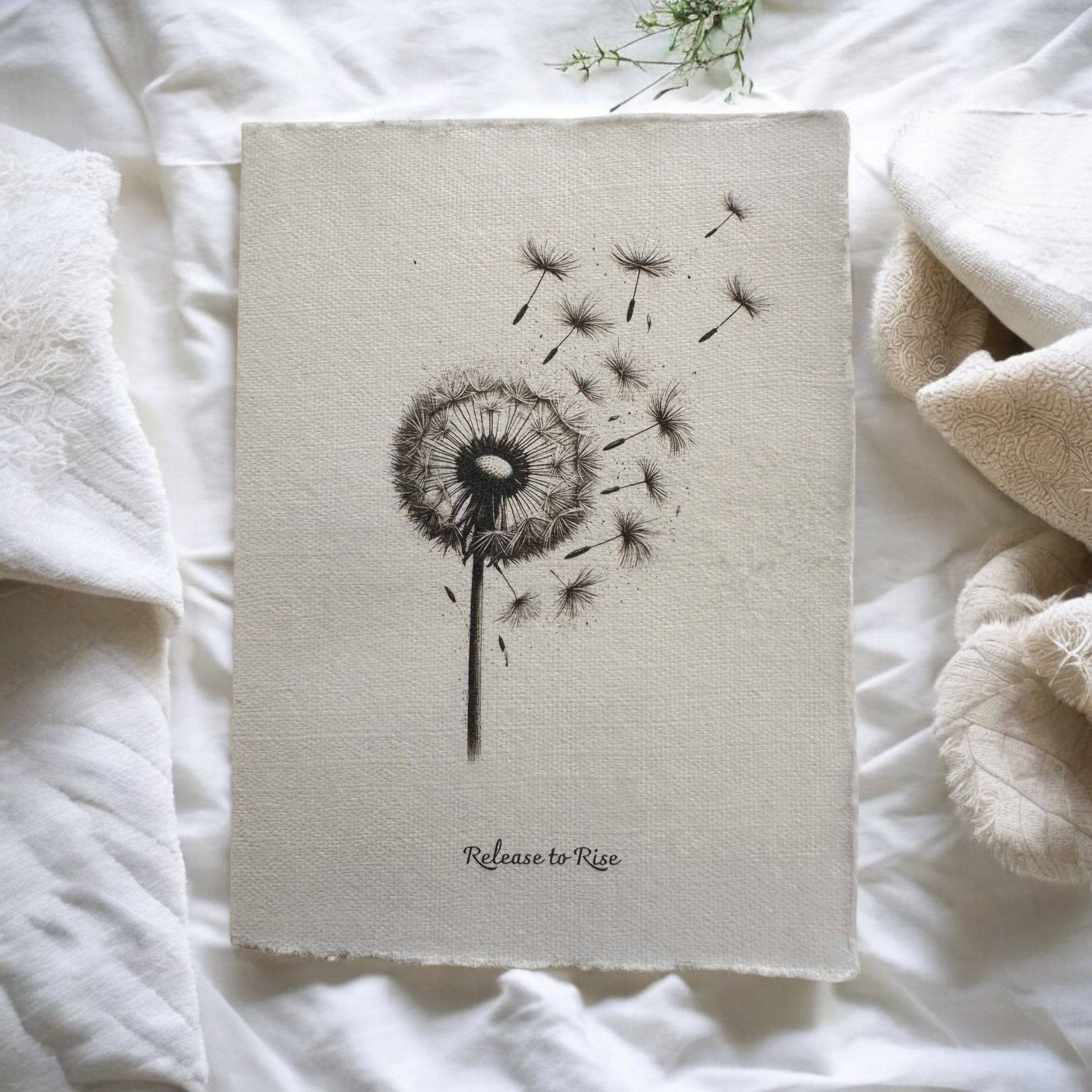 “Release to Rise” greeting card by Eldara, featuring a hand-drawn dandelion clock and spiritual message—printed on handmade cotton rag paper to uplift and inspire.
