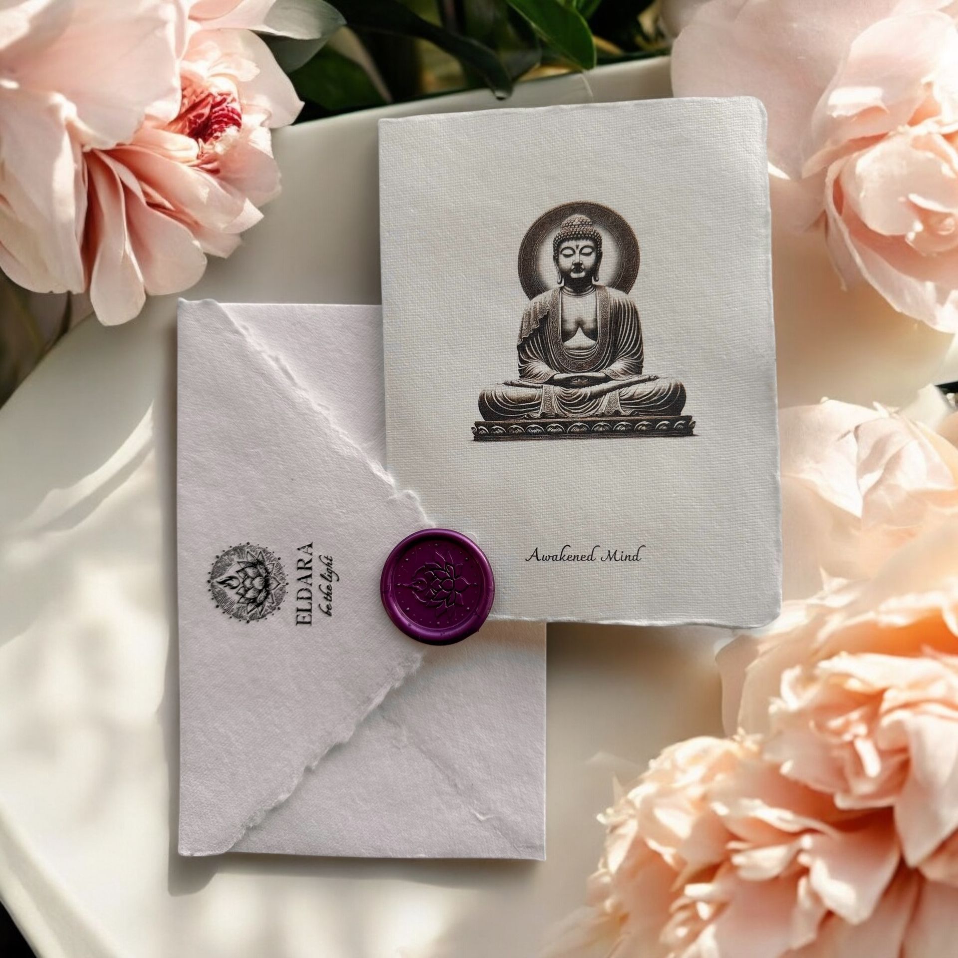“Awakened Mind” greeting card by Eldara, featuring a peaceful Buddha illustration. Printed on handmade paper with a spiritual message to inspire mindfulness and clarity.