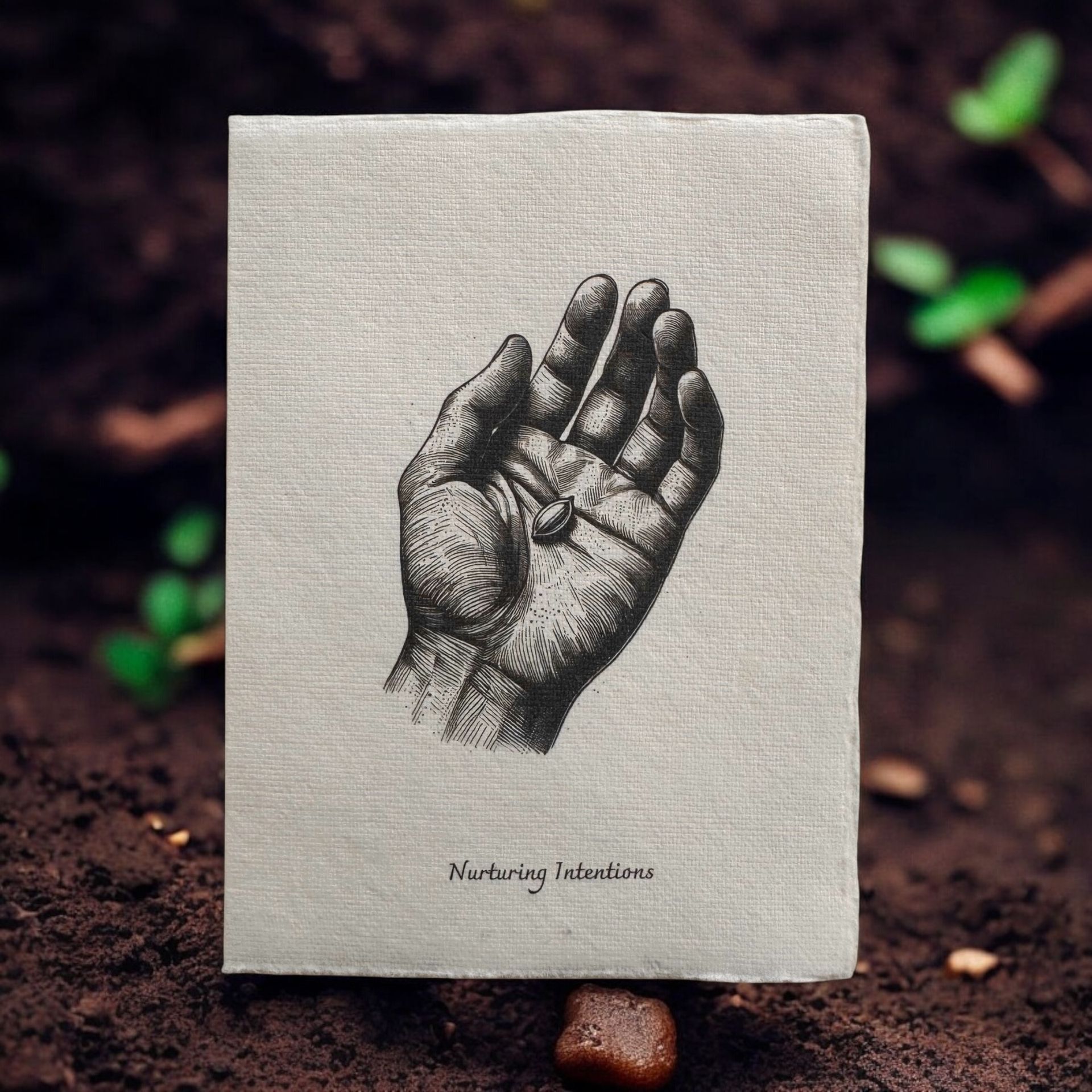 “Nurturing Intentions” greeting card by Eldara, with an illustration of a hand holding a seed. Printed on handmade paper to inspire growth, care and mindful beginnings.