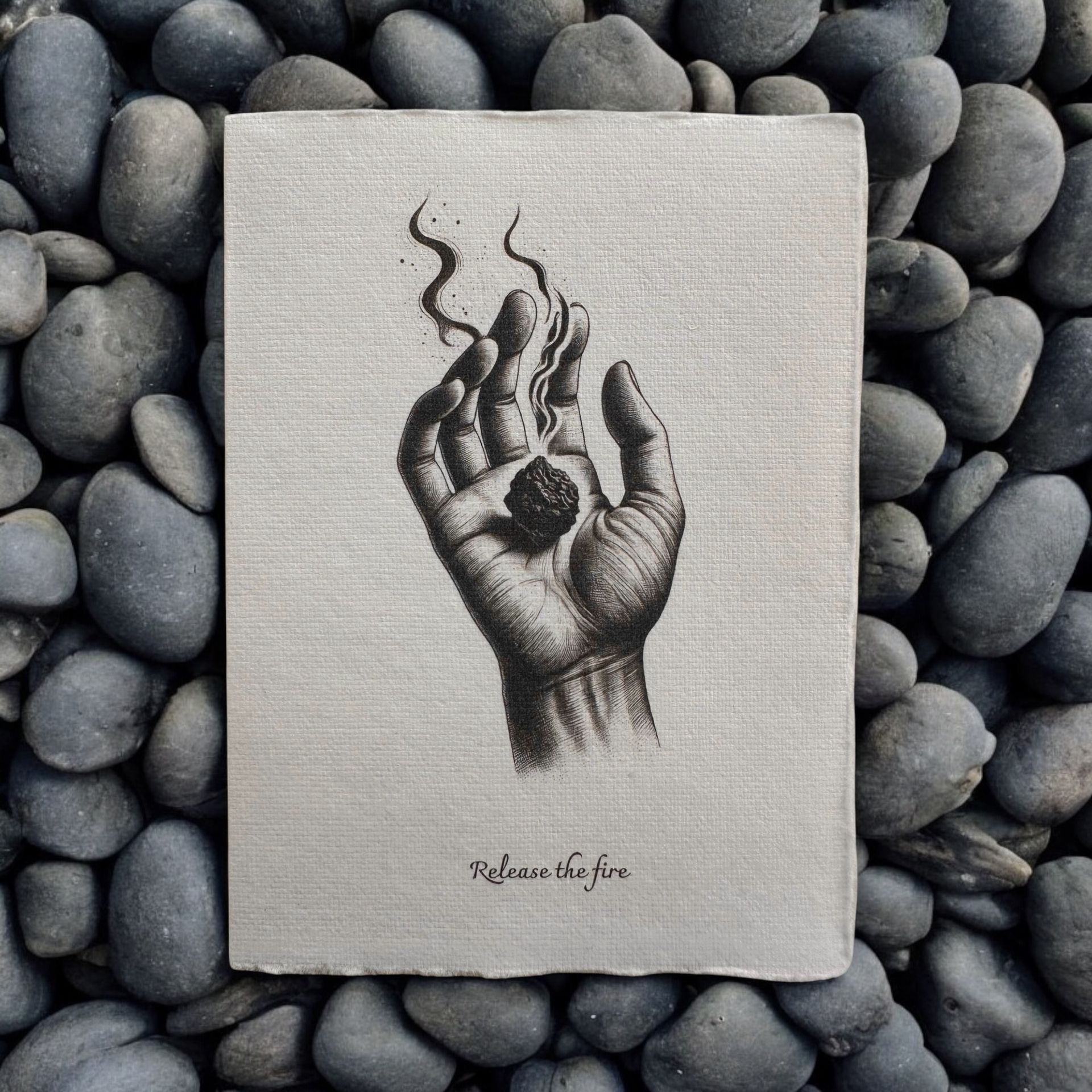 “Release the Fire” greeting card by Eldara, with an image of a hand holding a burning stone and a message of letting go—printed on handmade spiritual paper.