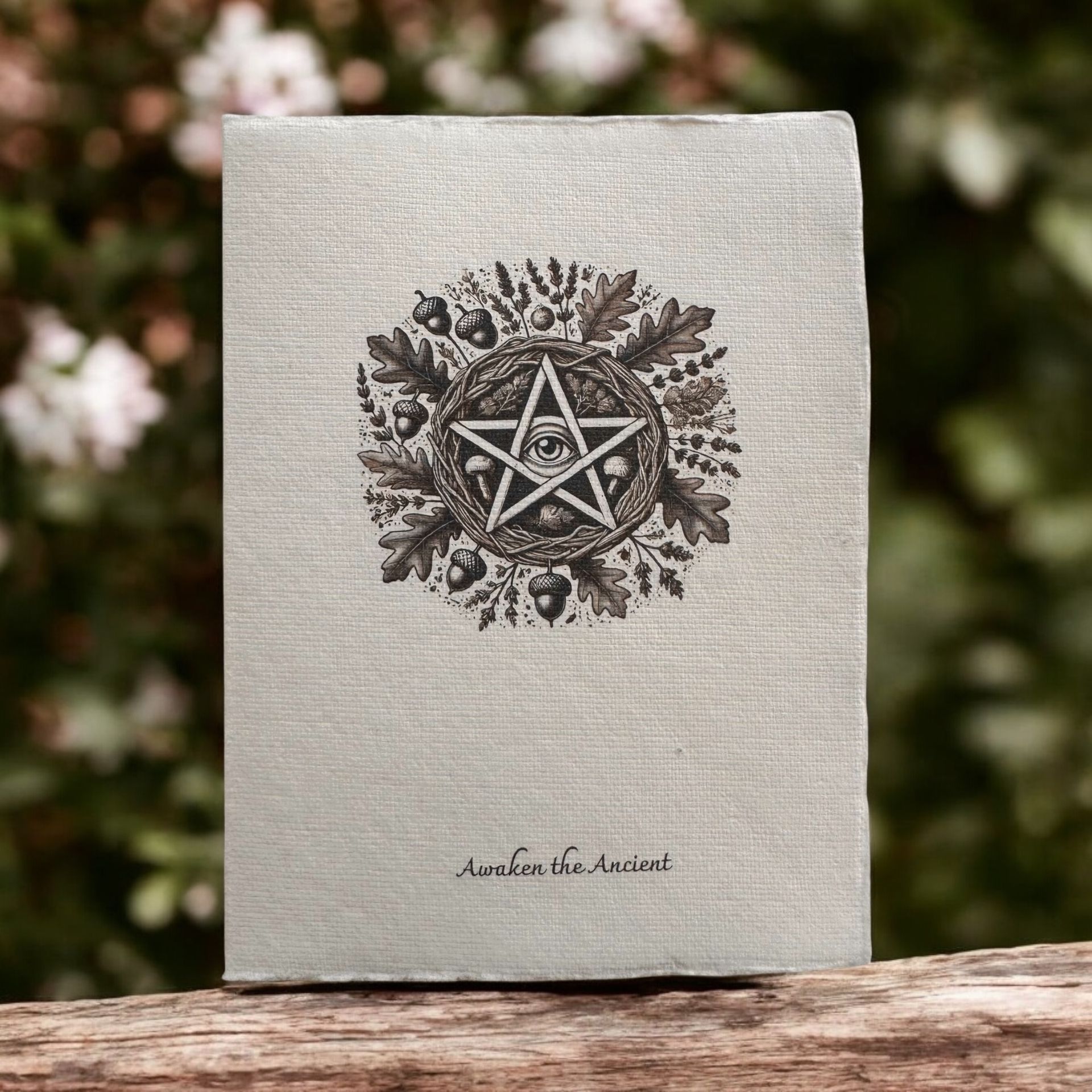 “Awaken the Ancient” greeting card by Eldara, featuring a Wiccan pentacle and spiritual eye symbol. Printed on handmade paper to honour inner wisdom and sacred power.