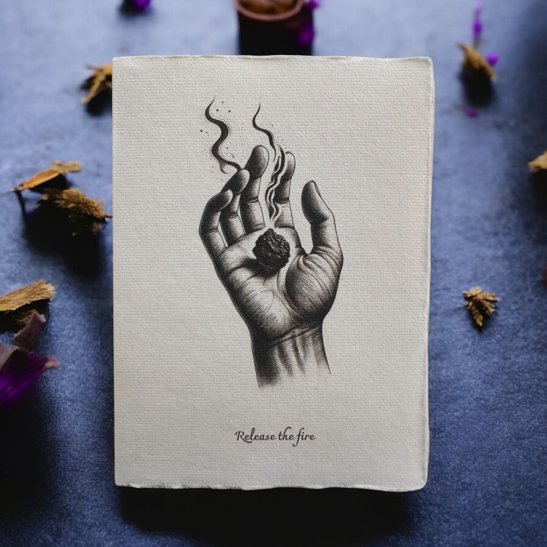 “Release the Fire” greeting card by Eldara, featuring a hand holding a hot stone. A message of letting go and emotional release, printed on handmade cotton rag paper.