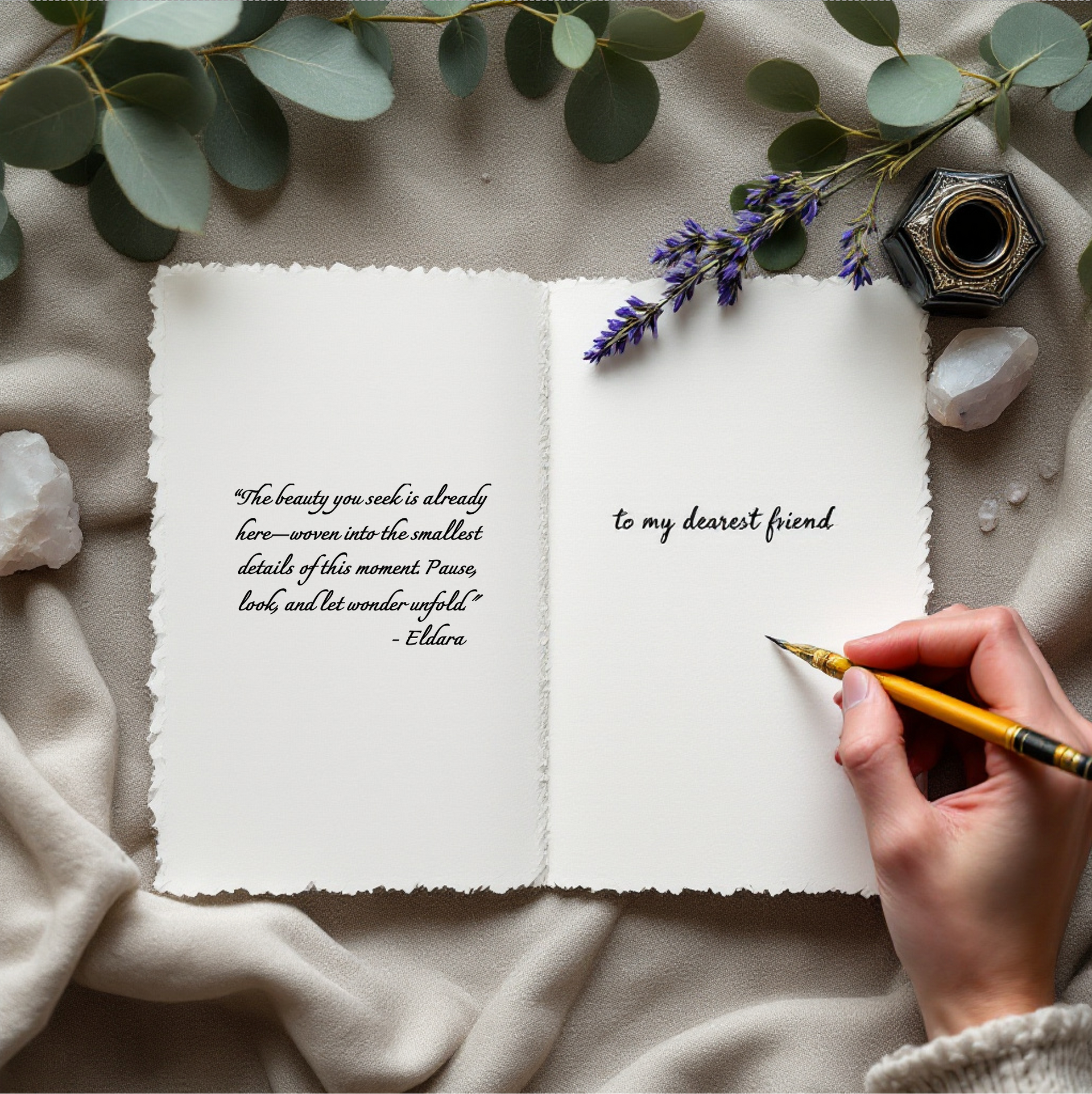 Inside view of an Eldara greeting card, showcasing the heartfelt message and spiritual affirmation printed on handmade cotton rag paper.