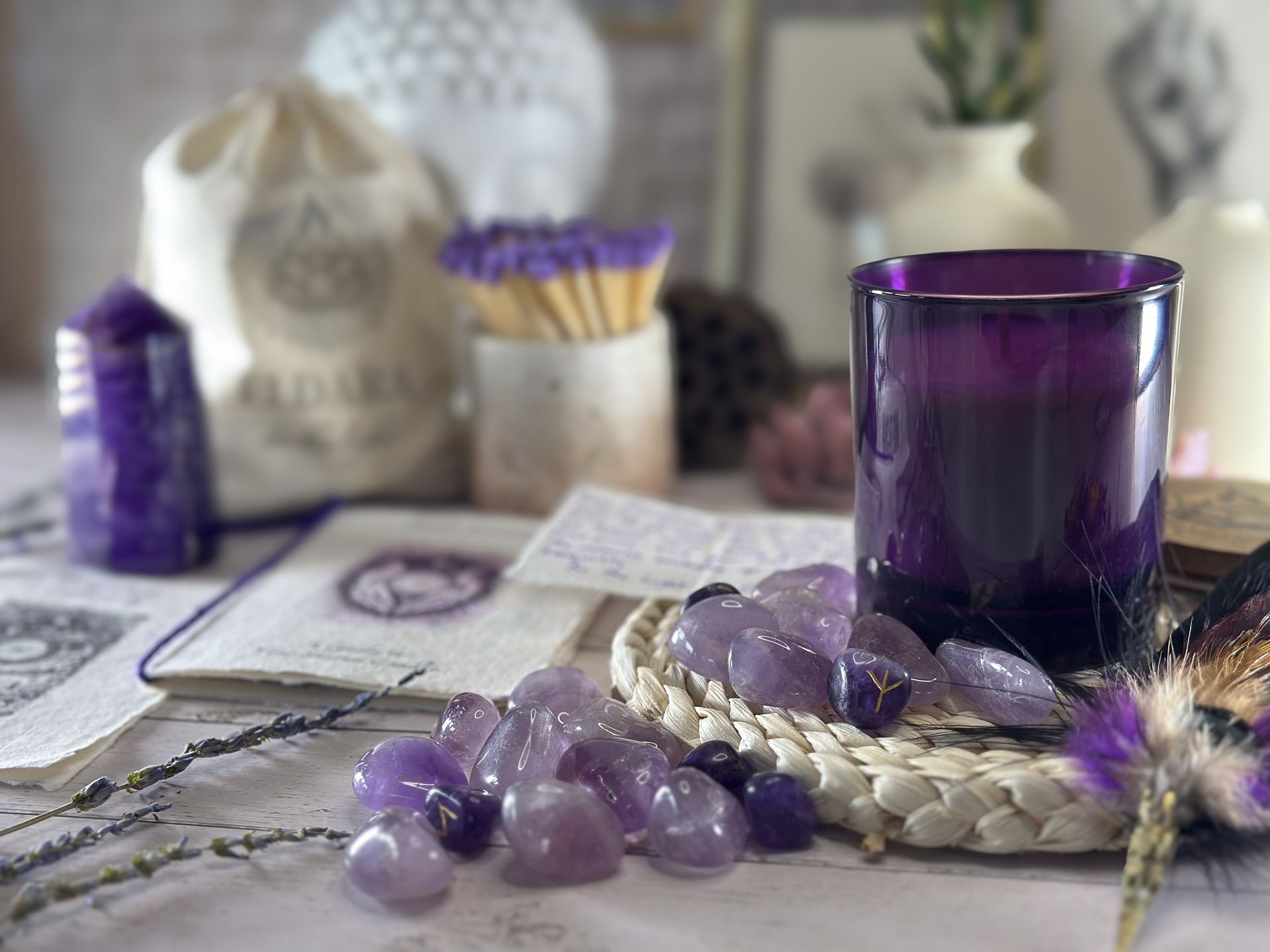 Soul Serenity candle by Eldara styled with amethyst crystals, mindful matches and an affirmation leaflet—created to support peace, clarity and sacred ritual.